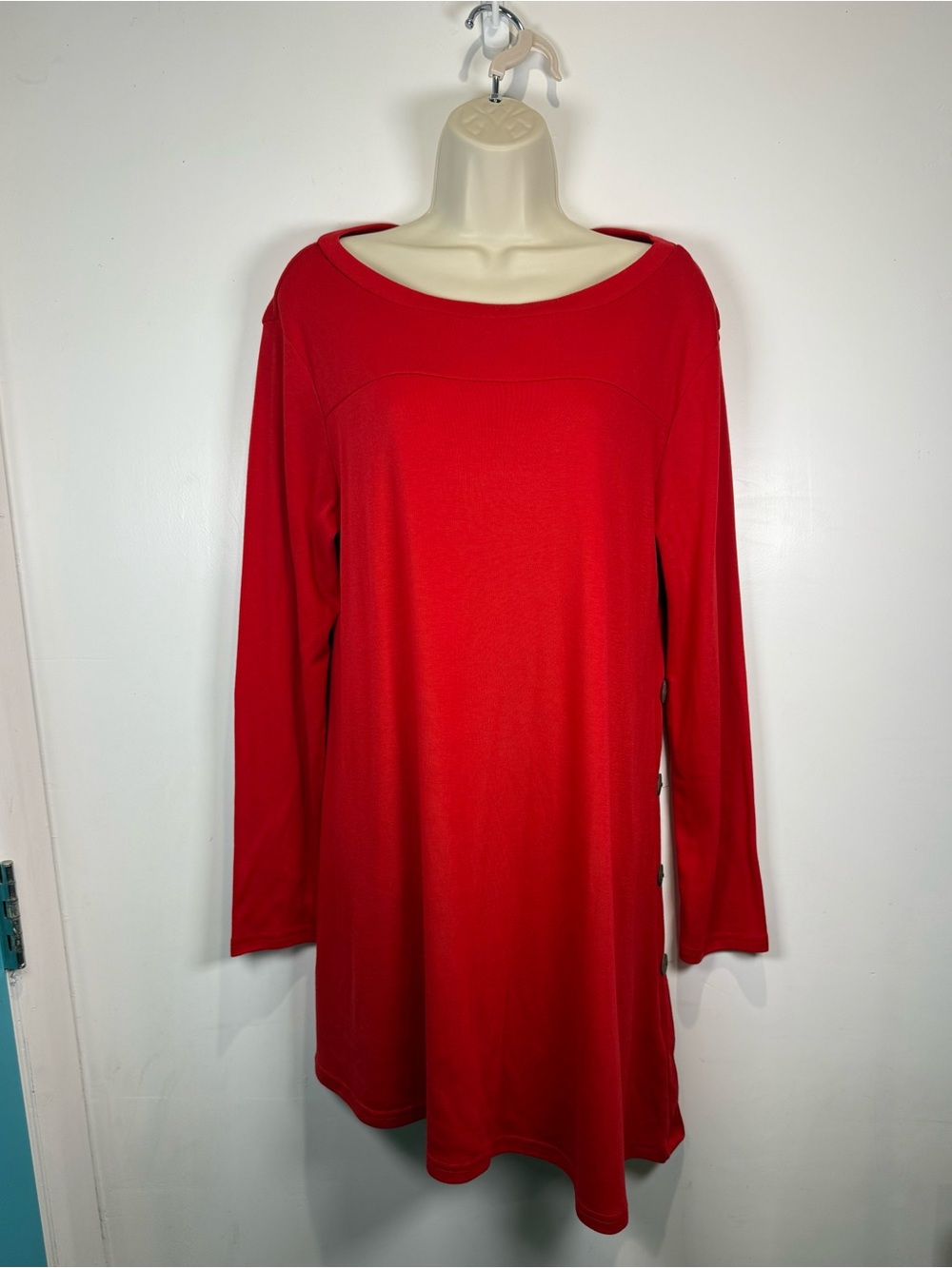 Korsis Red Knit A-Line Knee Length Dress L Long Sleeve Scoop Neck Pullover